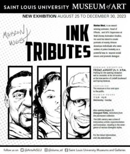 Ink Tributes Event Poster Ink Tributes Event Poster with information about the date and time of the event, and portraits drawn in a comic book style.