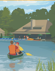 Boathouse in Forest Park, illustration by Janet Muhm
