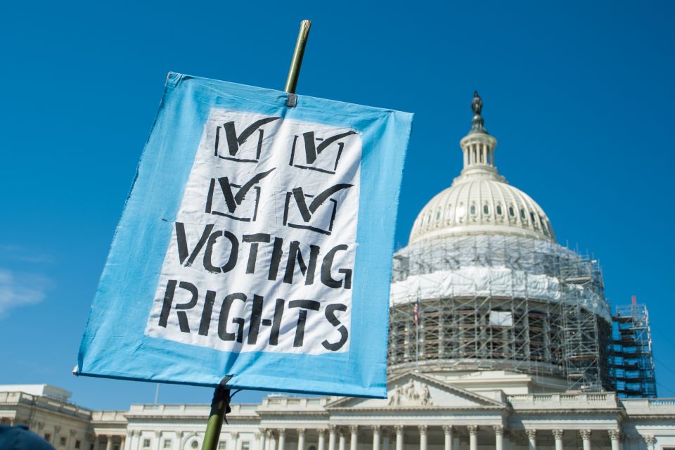 A voting rights sign outside the United States Supreme Court Supreme Court Voting Rights