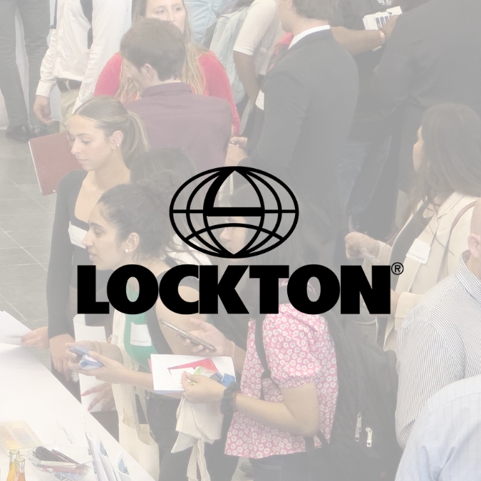 Lockton graphic showing their logo. In the backround is a faded photo of students.