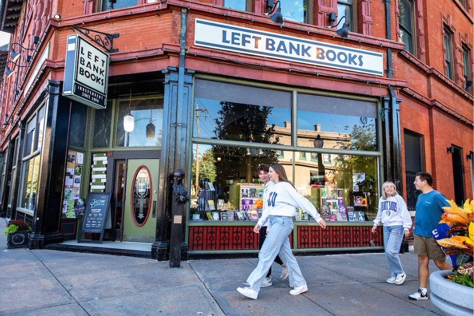 SLU students walk outside bookstore