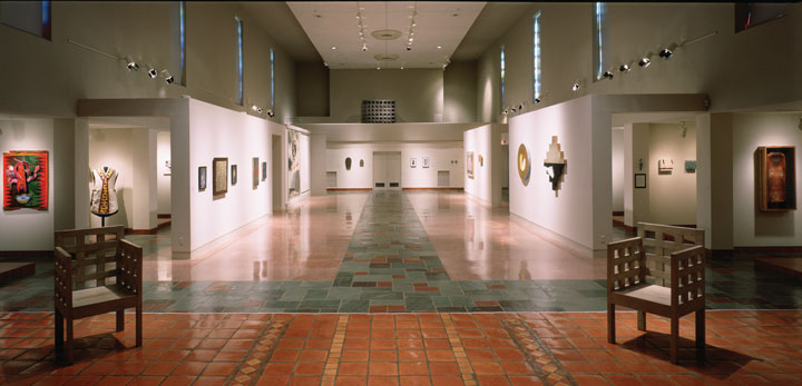 Installation view of Consecrations: The Spiritual in Art in the Time of AIDS at MOCRA, 1994 A wide-angle view of MOCRA's nave gallery featuring artworks from the exhibition Consecrations: The Spiritual in Art in the Time of AIDS