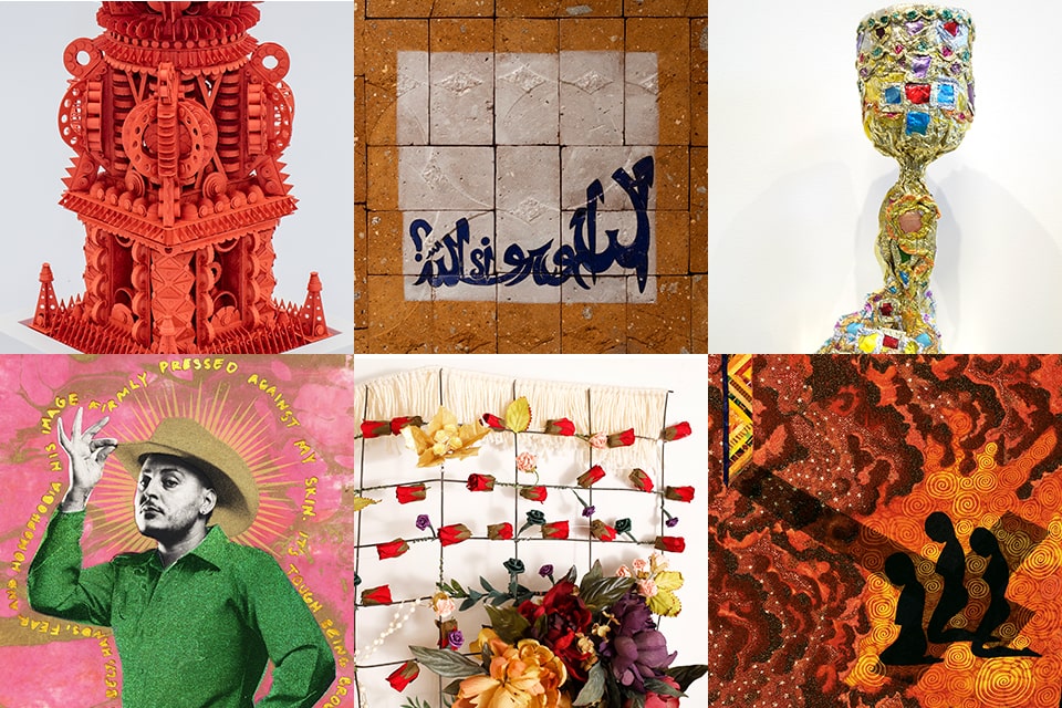 Details of works by (clockwise from upper left): Michael Velliquette, Beliz Iristay, Thomas Lanigan-Schmidt, Gwendolyn A. Magee, Jenelle Esparza, and Gabriel Garcia Roman A grid with details of six artworks. Top row, from left, includes a highly detailed tower sculpture in red paper, white ceramic with blue Arabic lettering on red bricks, and a chalice made from gold tin foil and plastic gems. Bottom row from left, includes a man in a green shirt with his hand tipping a cowboy hat standing against a patterend pink background, a setion of wire fence woven with artificial flowers and rosaries, and a quilt with three silhouetted figures kneeling in the shadow of a cross.