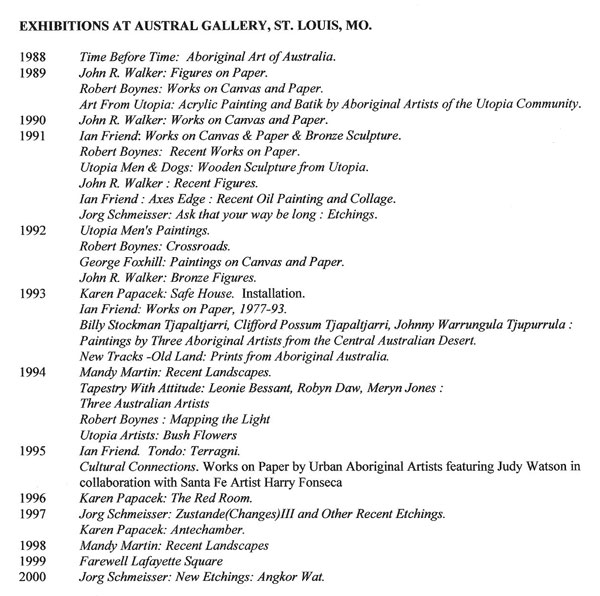 Austral Gallery exhibition list Austral Gallery exhibition list