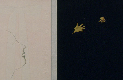 A detail of the artwork Annie's Tulips, focusing on a drawing of a face in profile inhaling or exhaling, superimposed over a pink ground with a white ribbon. To the right, on a black background, a small child's hand in gold releases a small moth, which seems to fly toward the edge of the drawing.