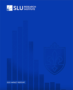 Impact Report Cover #2 The cover of the 2021 SLU Research Institute Impact Report featuring a blue chart and a blue version of the SLU logo. The words "Saint Louis University Research Institute" are written in white in the top left corner alongside a white spark.