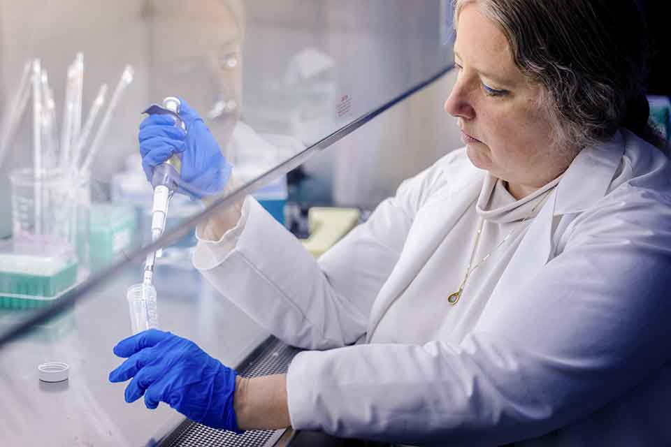 A SLU researcher reaches behind a protective lab shield as she fills a beaker from a syringe