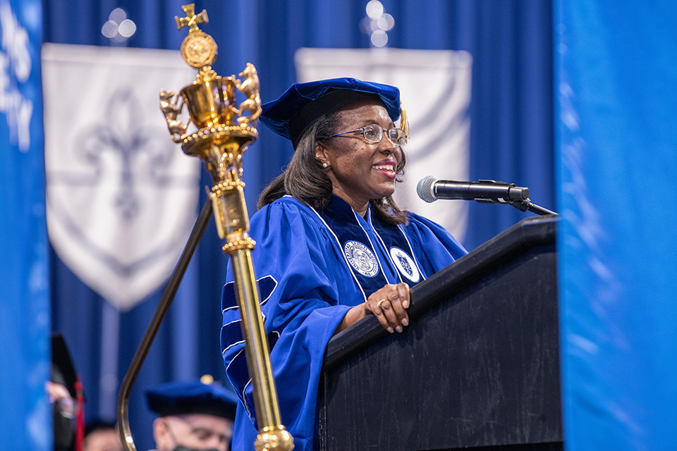 Tiffany (Brown) Anderson Tiffany (Brown) Anderson speaks during a SLU Commencement ceremony