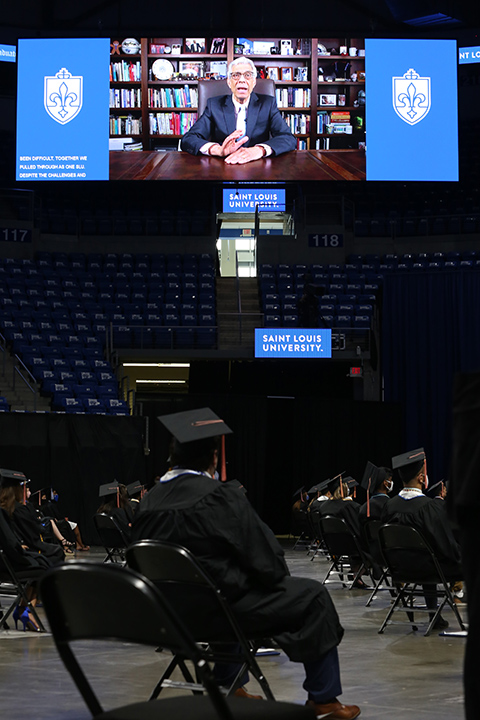Pestello onscreen at a precommencement ceremony in May 2021 Pestello appears onscreen at a socially distanced precommencement ceremony in May 2021 at Chaifetz Arena.